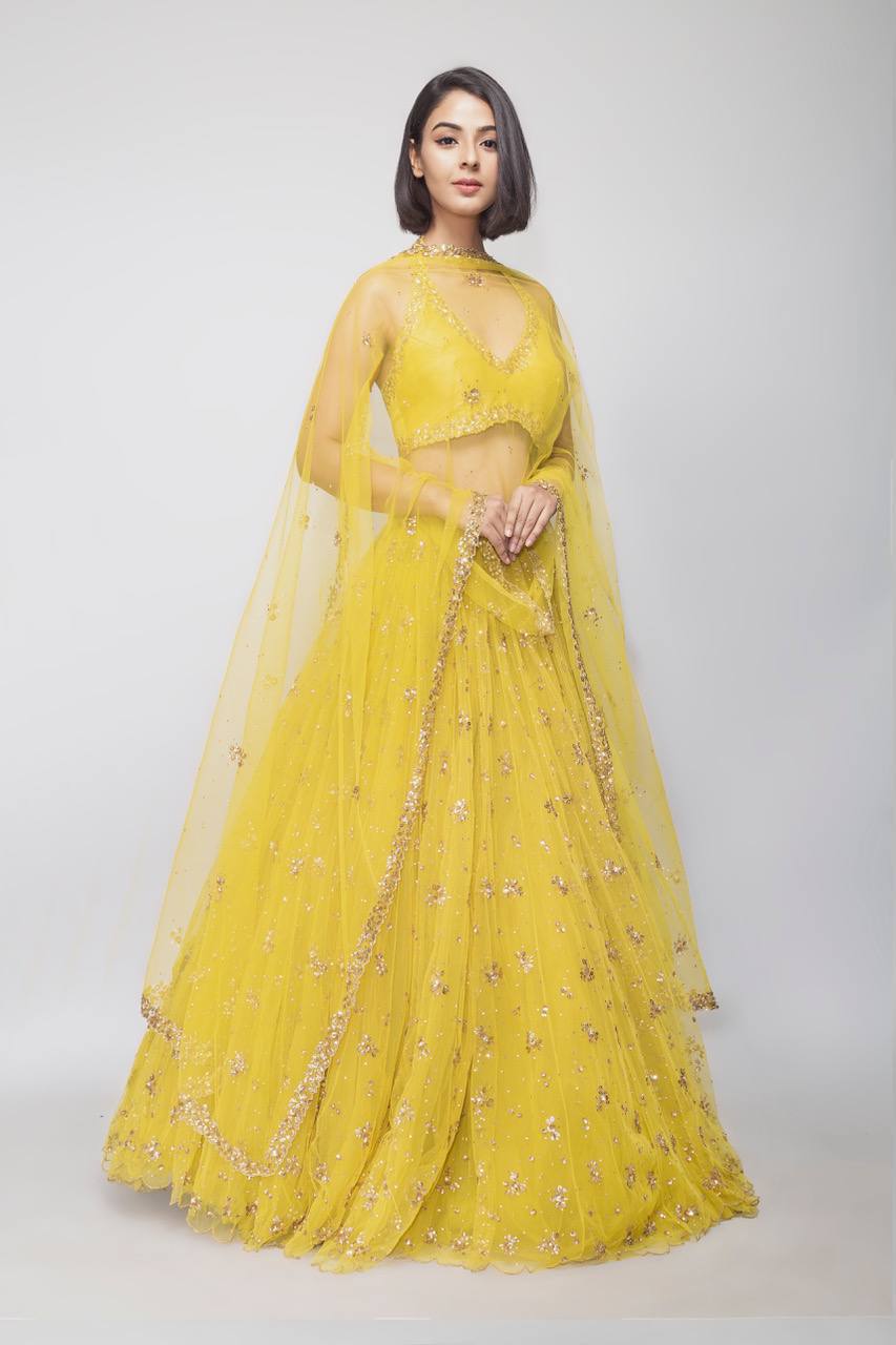 Lemon Yellow Showstopper Double-Layer Net Lehenga