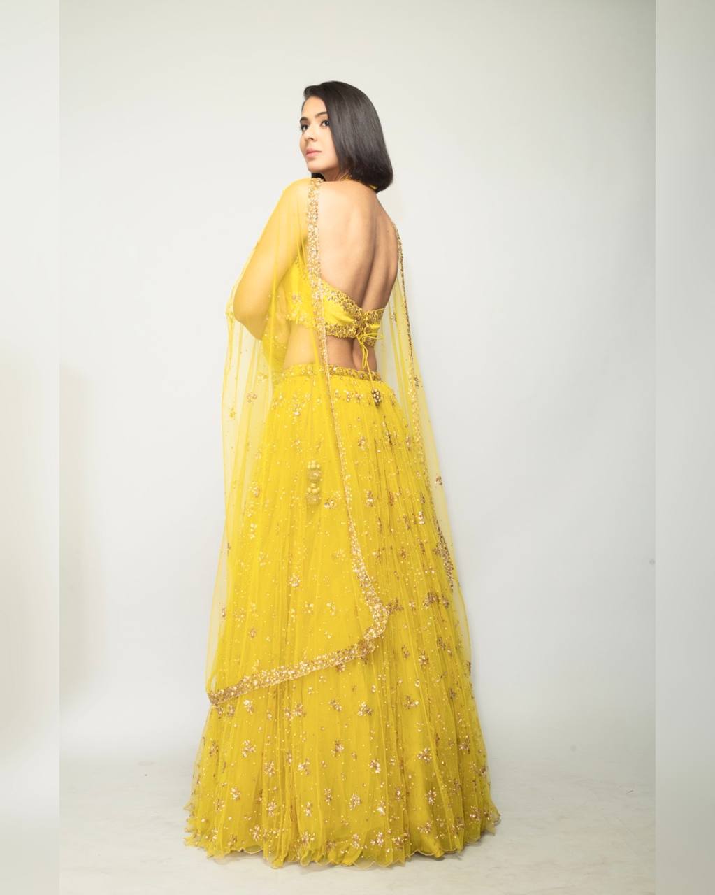 Lemon Yellow Showstopper Double-Layer Net Lehenga