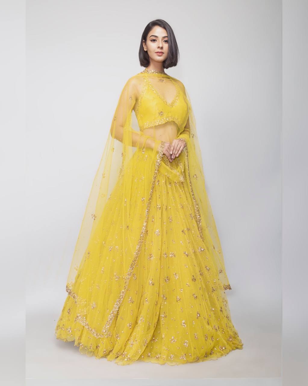 Lemon Yellow Showstopper Double-Layer Net Lehenga