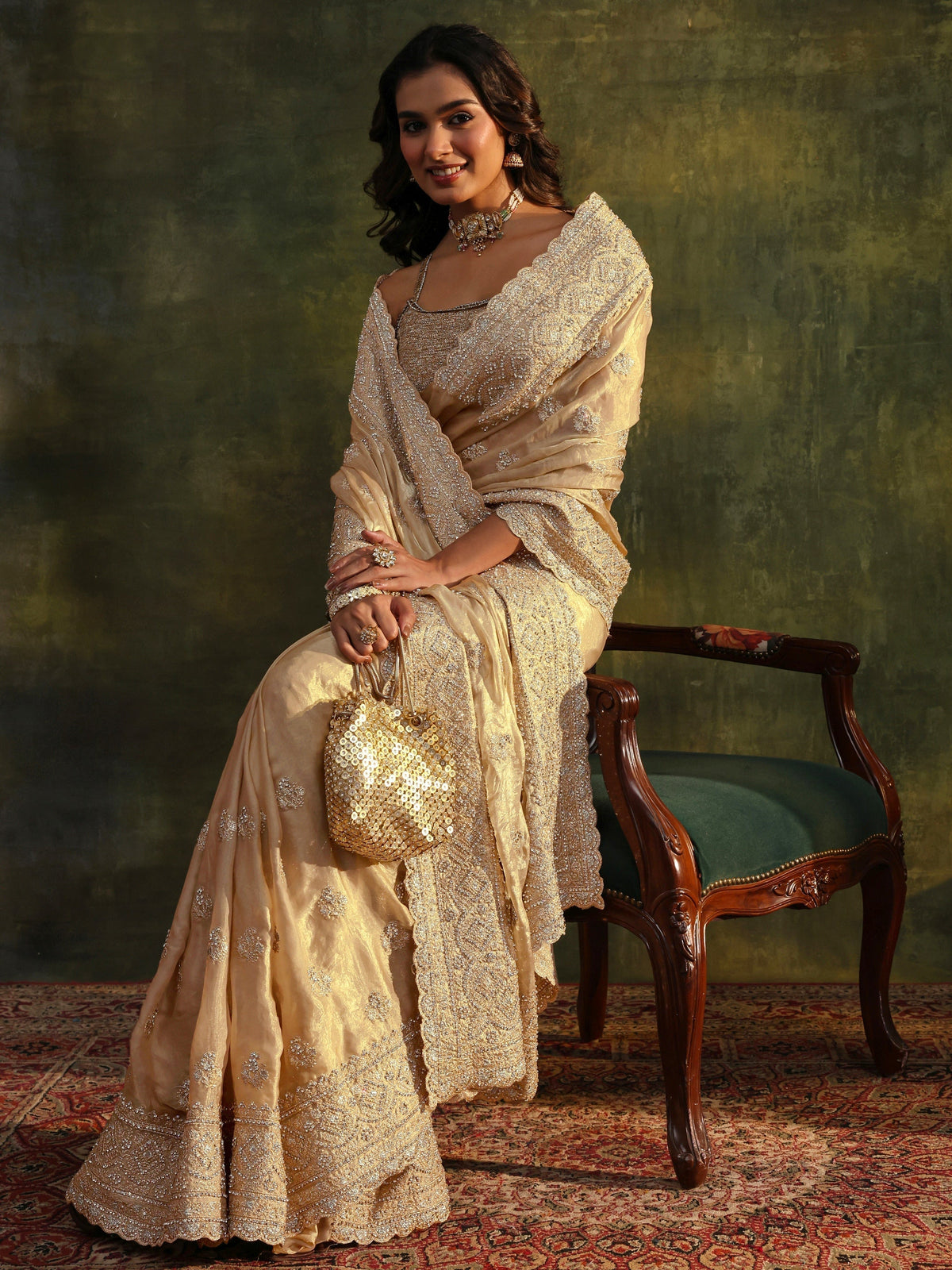 Anouk Art Beige Embellished Tissue Saree With Unstitched Blouse Piece