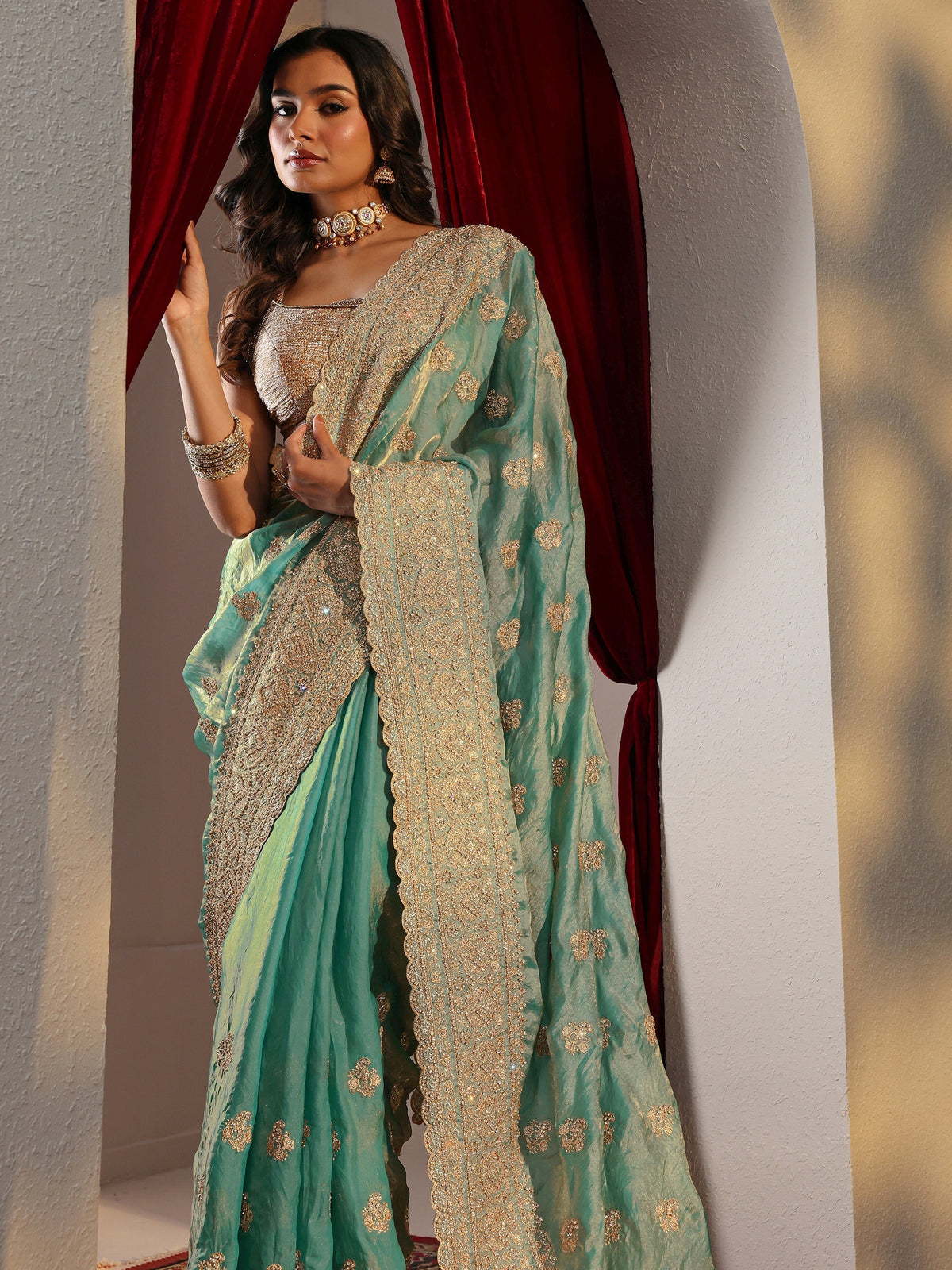 Anouk Art Blue Embellished Tissue Saree With Unstitched Blouse Piece