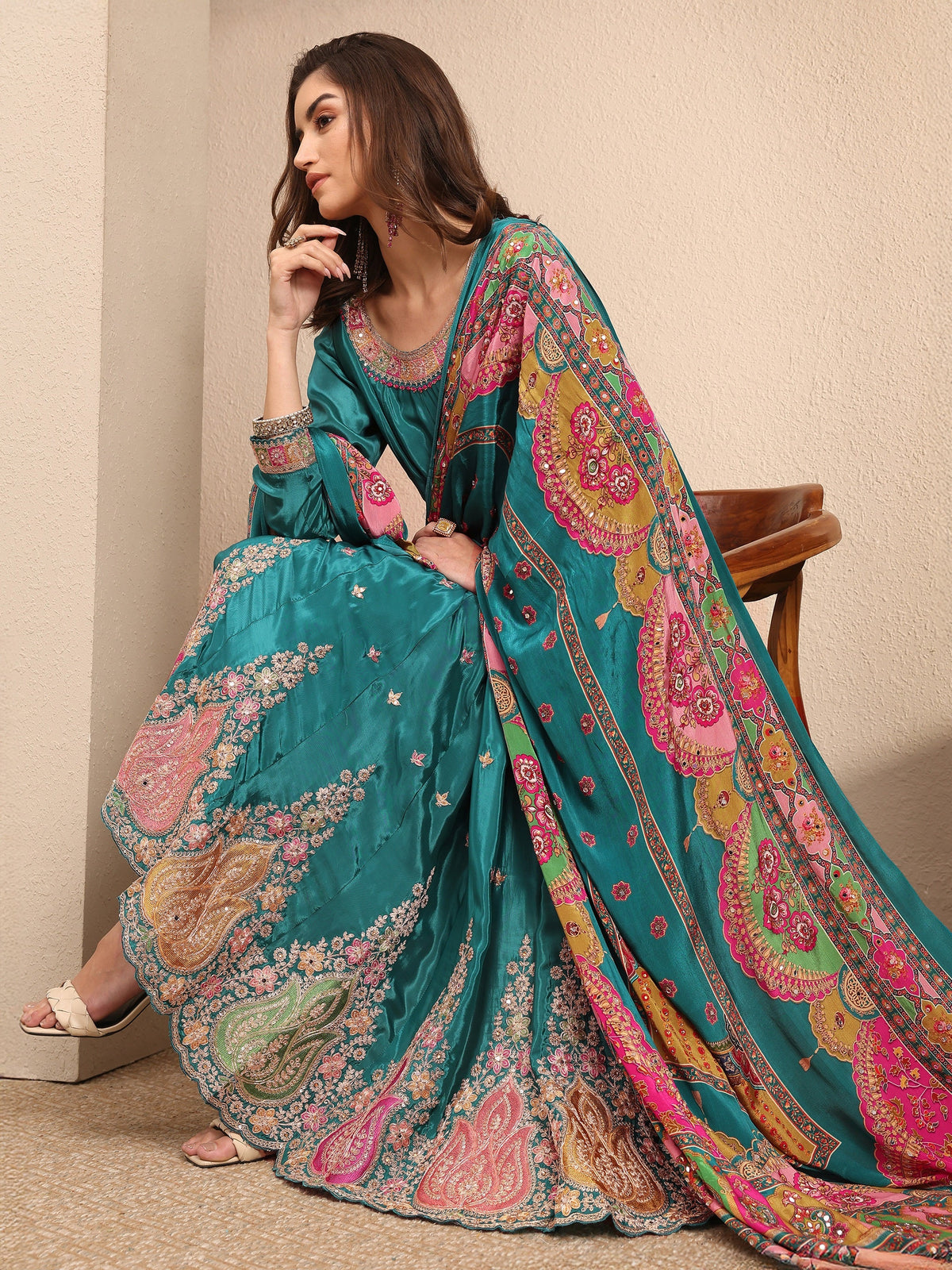 Anouk Art Blue Embroidered Crepe Anarkali Suit Set With Dupatta