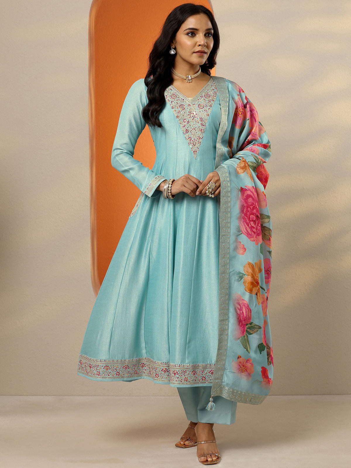 Anouk Blue Embroidered Silk Blend Anarkali Suit Set With Dupatta