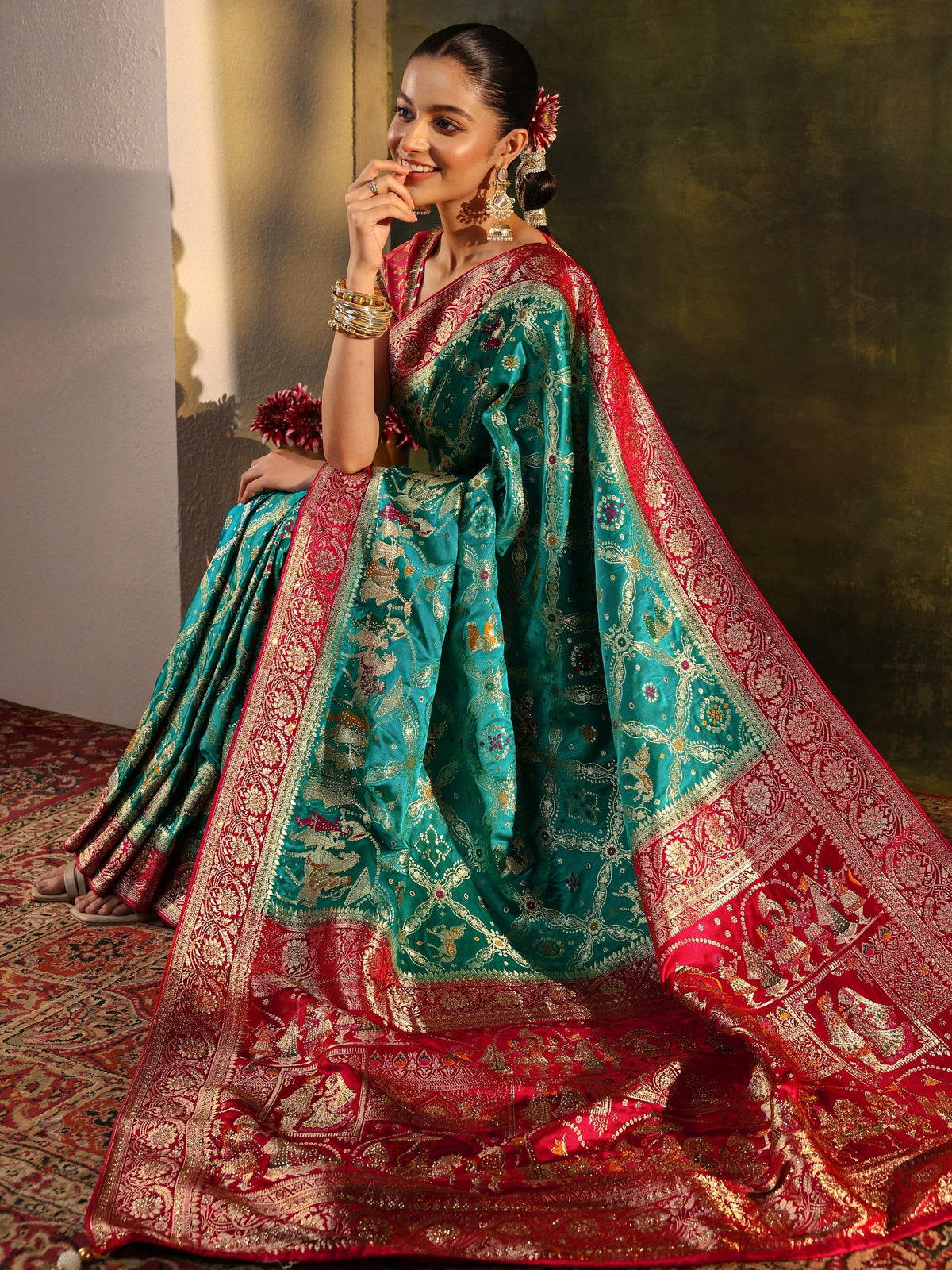 Anouk Art Blue Gharchola Woven Design Satin Saree With Unstitched Blouse Piece