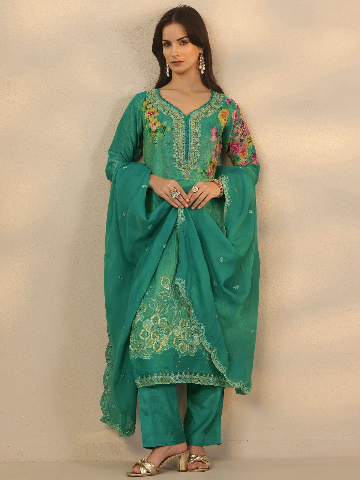 Anouk Blue Printed Crepe Straight Suit Set With Dupatta