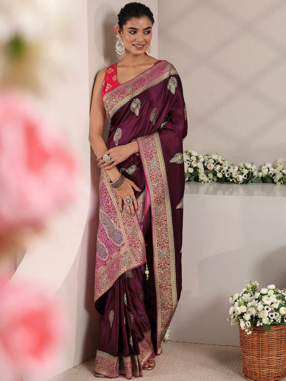 Anouk Art Burgundy Ethnic Woven Design Satin Saree With Unstitched Blouse Piece