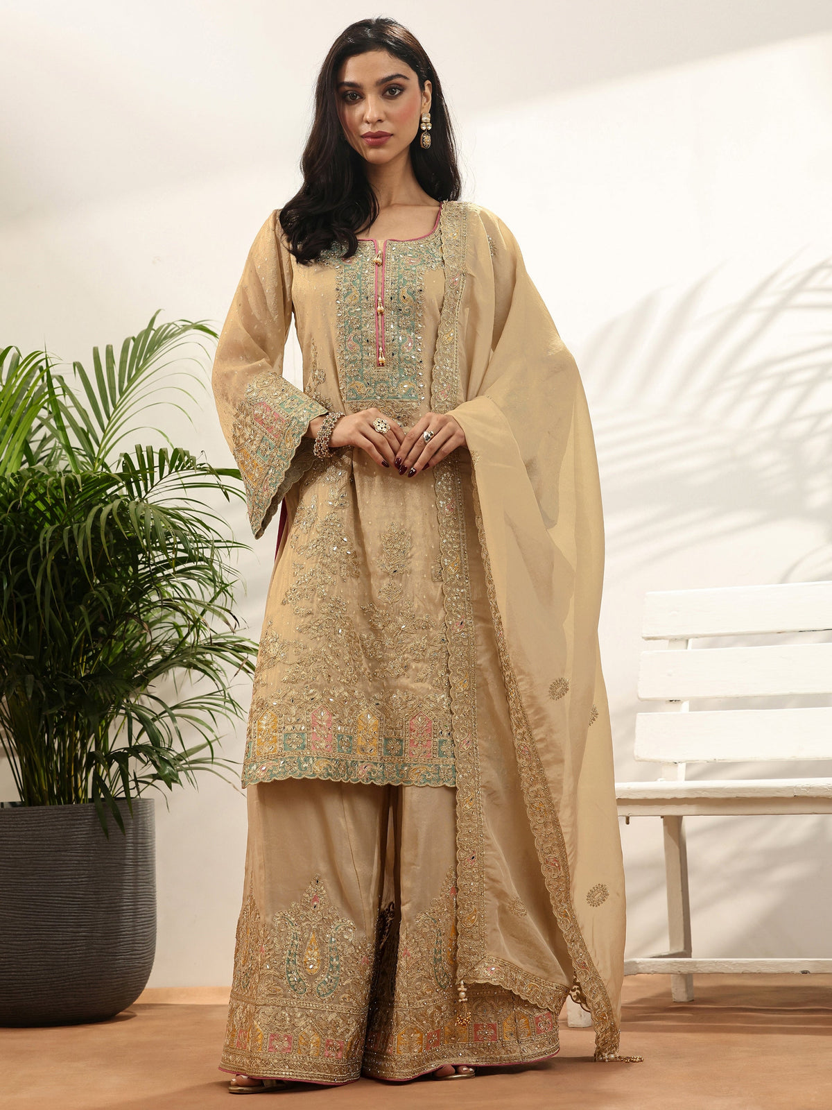 Anouk Art Gold Embroidered Silk blend Suit Set With Dupatta