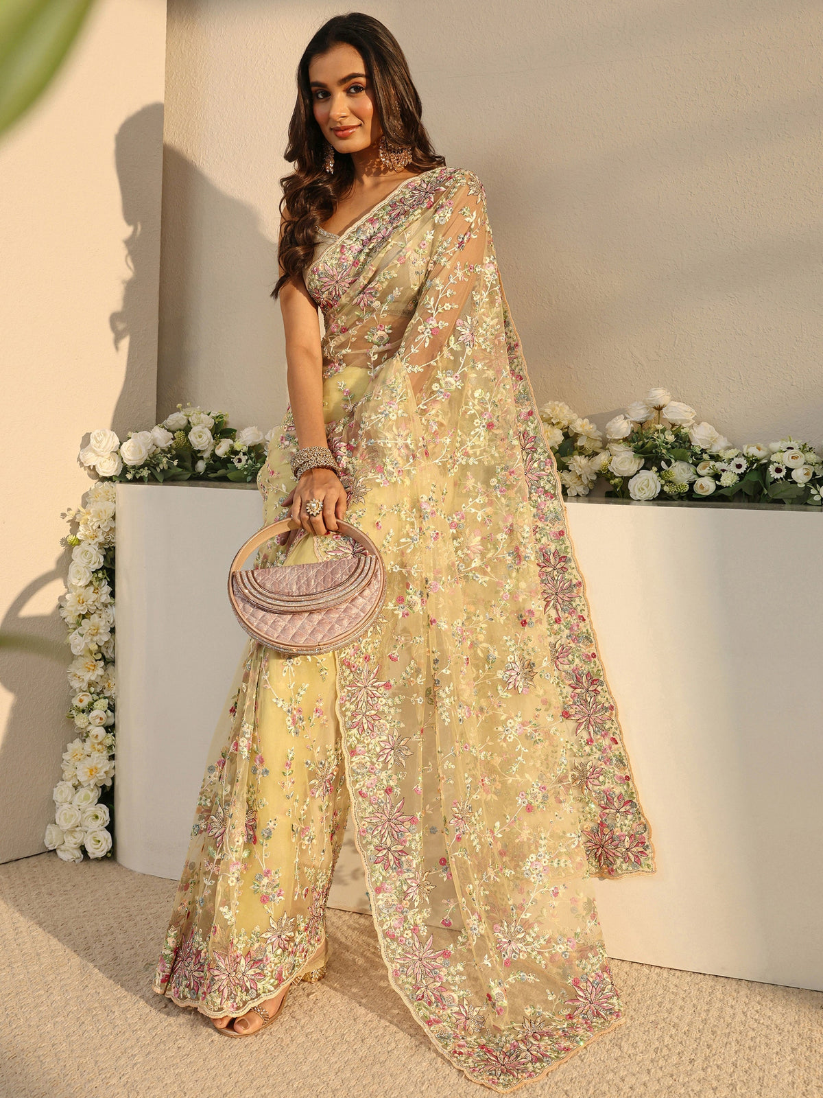 Anouk Art Green Floral Embroidered Net Saree With Unstitched Blouse Piece
