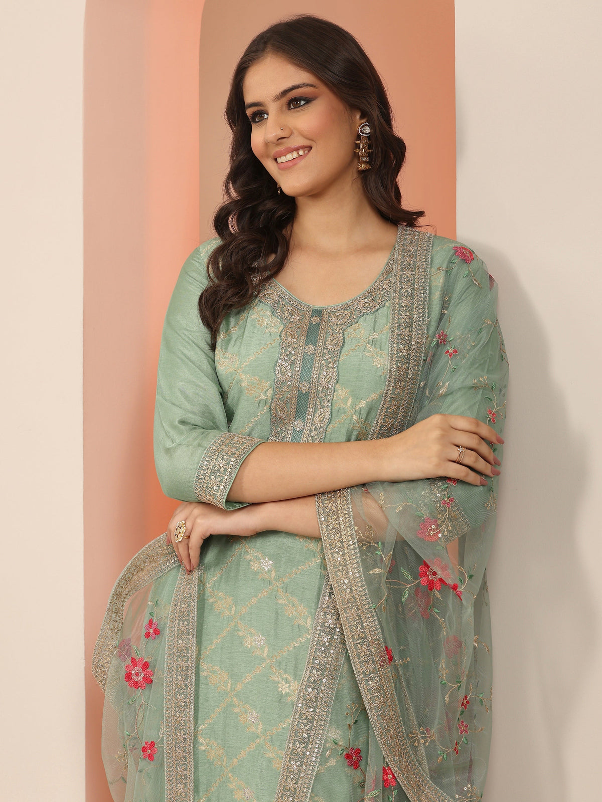 Anouk Green Woven Design Silk Blend Straight Suit Set With Dupatta