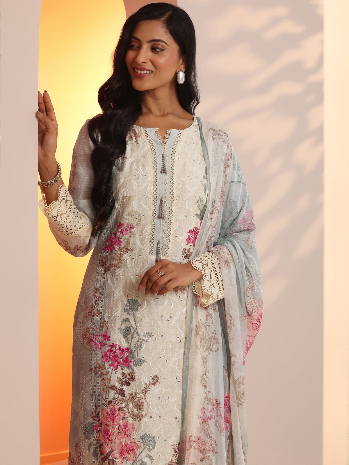 Anouk Grey Embroidered Muslin Straight Suit Set With Dupatta