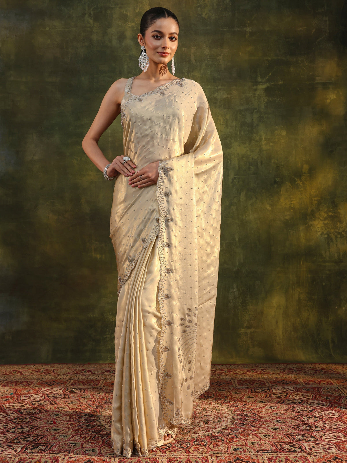 Anouk Art Ivory Embellished Silk Blend Saree With Unstitched Blouse Piece
