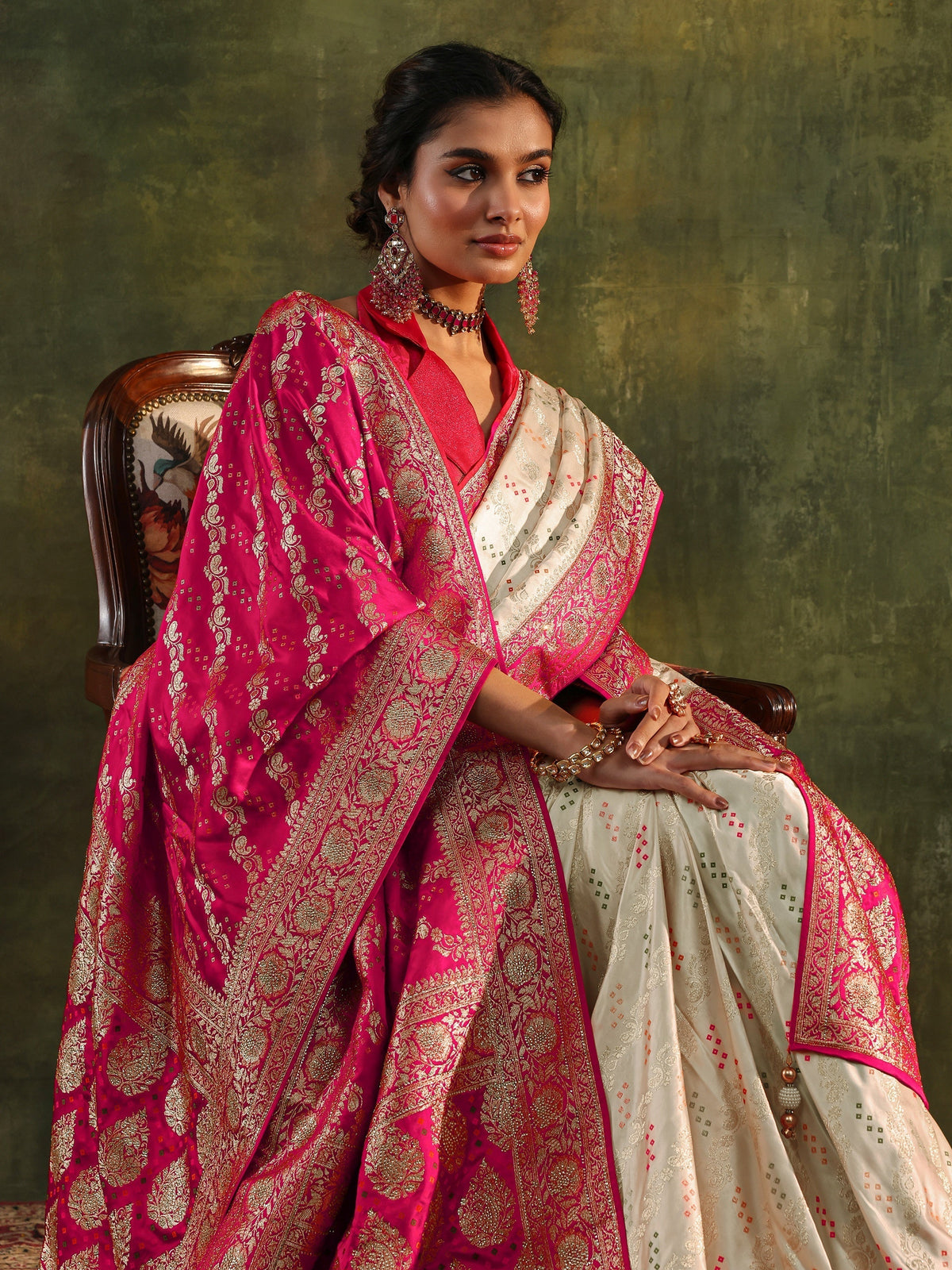 Anouk Art Ivory Gharchola Satin Saree With Unstitched Blouse Piece