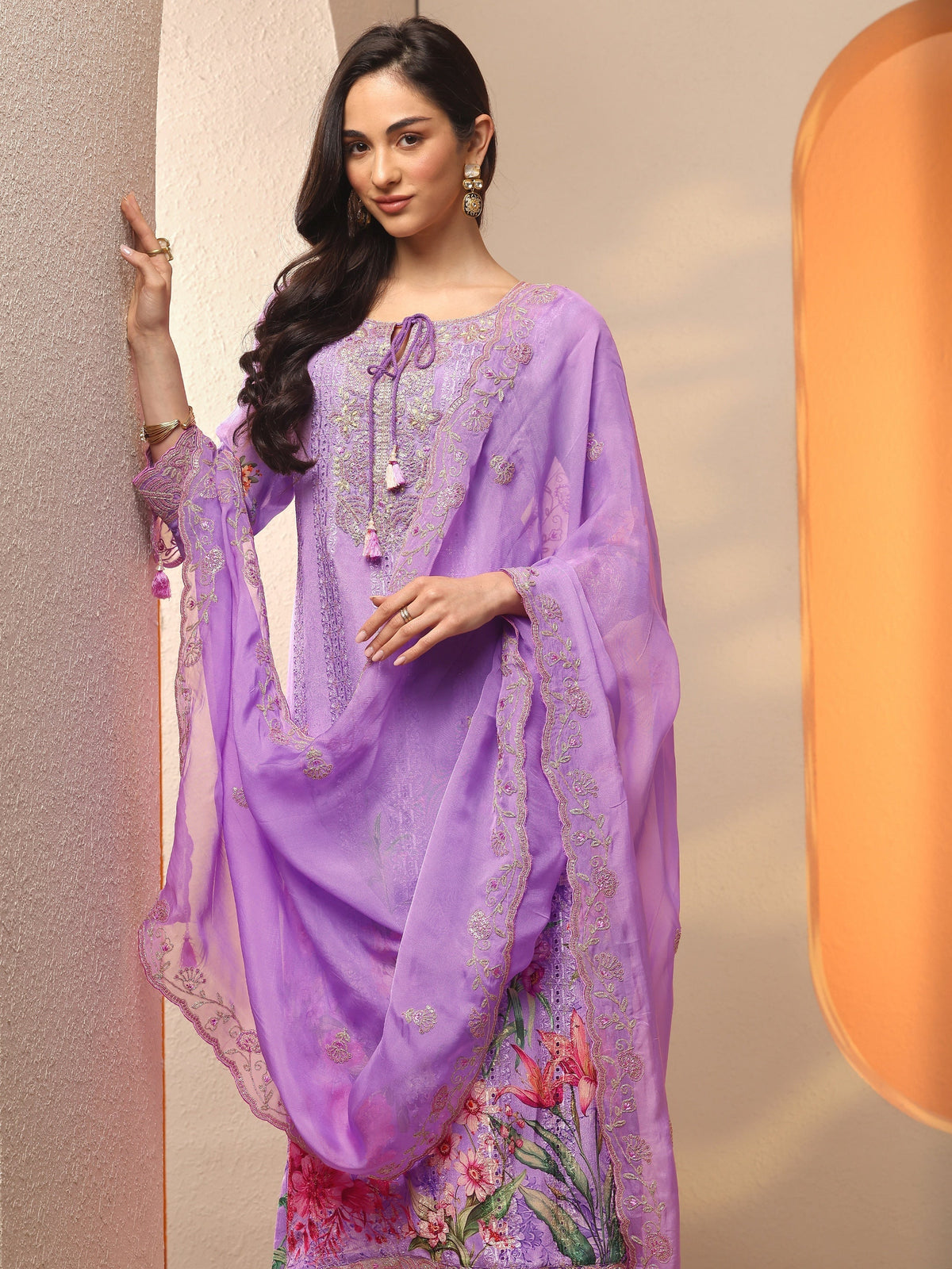 Anouk Lavender Embroidered Chinon Straight Suit Set With Dupatta