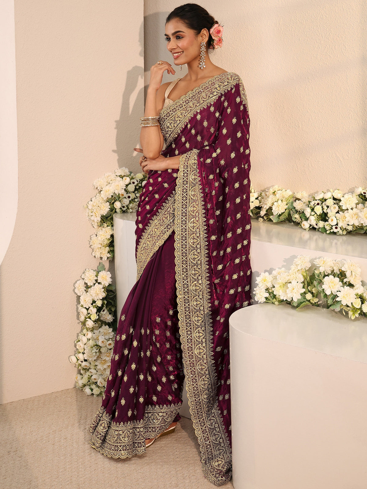Anouk Art Maroon Embellished Tissue Saree With Unstitched Blouse Piece