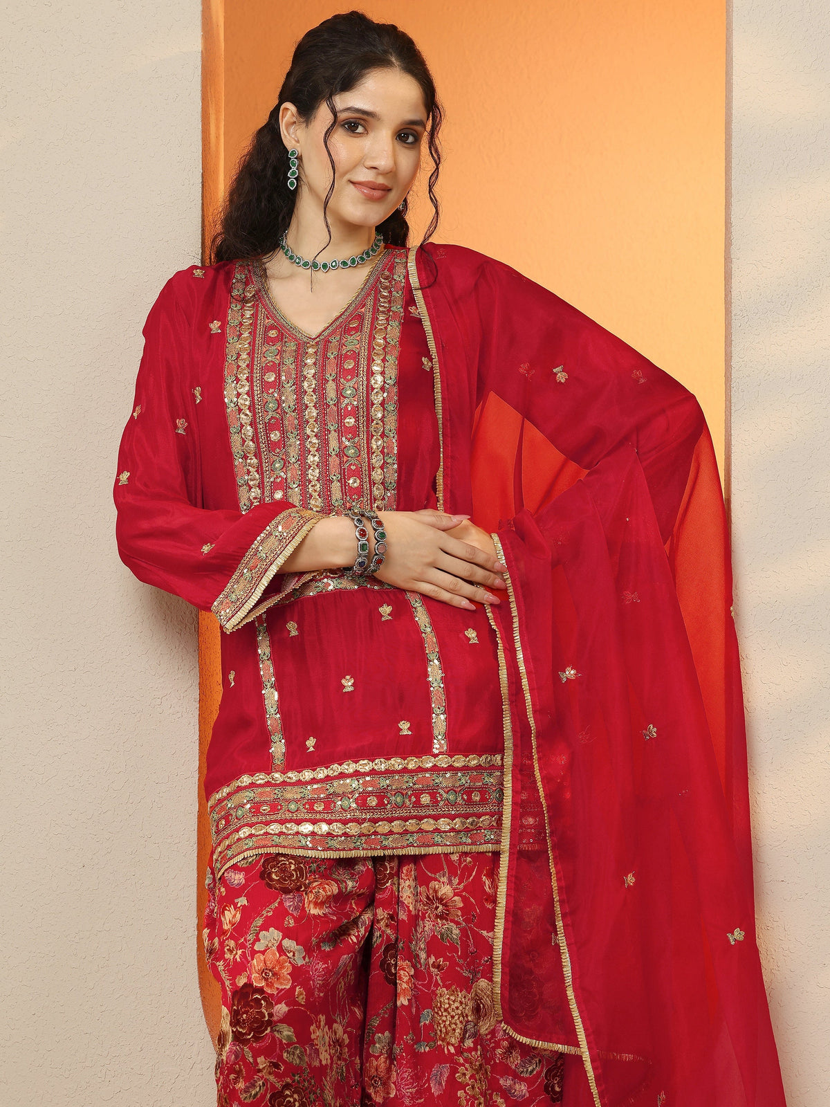 Anouk Maroon Embroidered Chinon Straight Suit Set With Dupatta