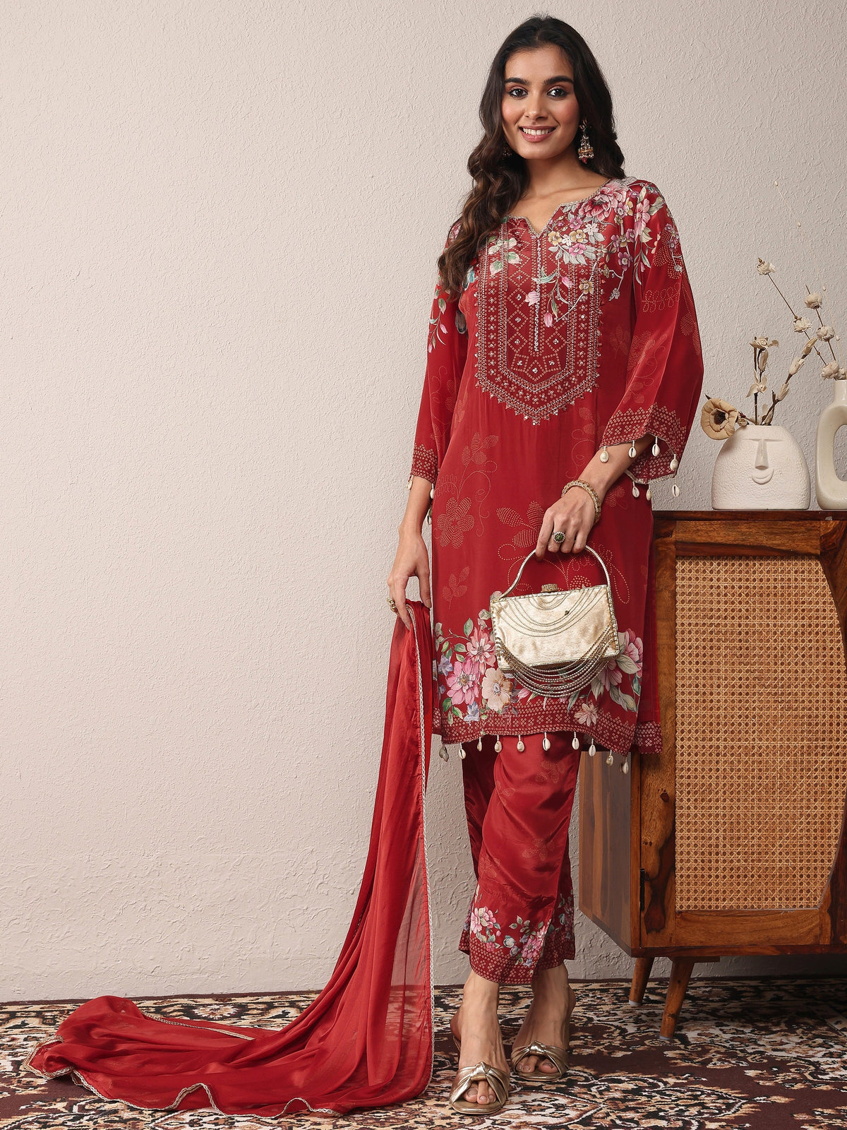 Anouk Maroon Printed Silk Crepe Straight Suit Set With Dupatta