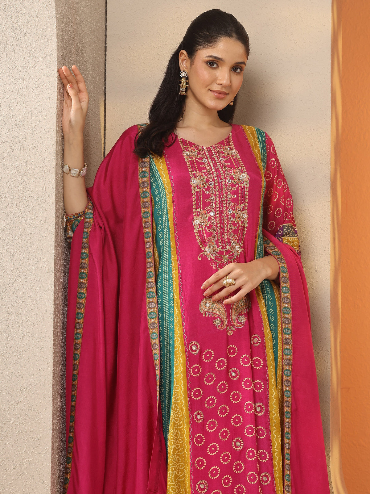 Anouk Multi Bandhani Printed A-Line Suit Set With Dupatta