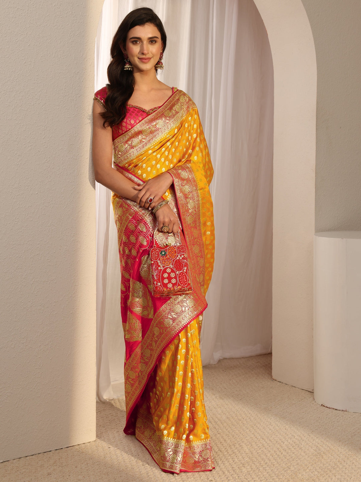 Anouk Art Mustard Banarasi Satin Saree With Unstitched Blouse Piece