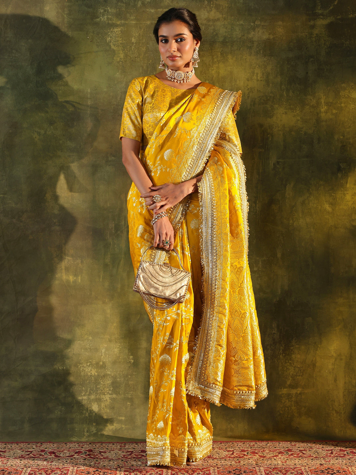 Anouk Art Mustard Embellished Woven Design Silk Saree With Unstitched Blouse Piece