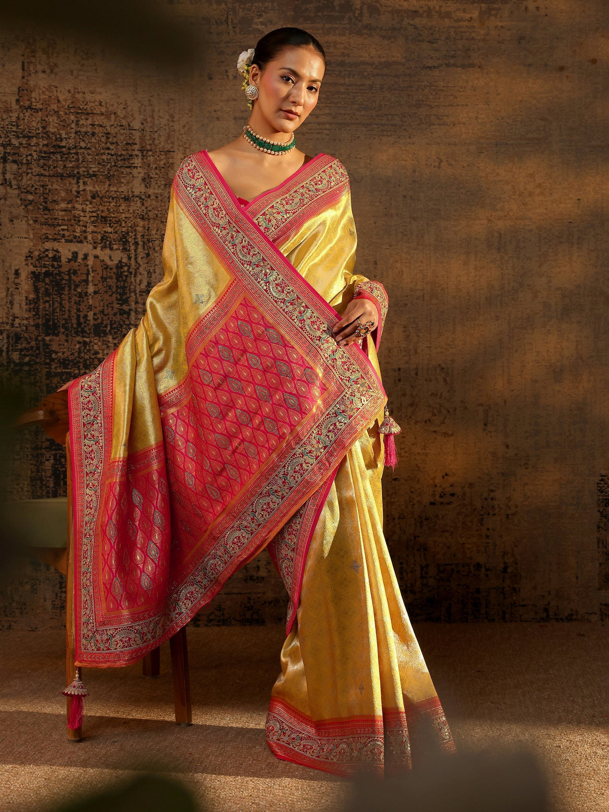 Anouk Art Mustard Ethnic Motifs Woven Design Silk Blend Saree With Unstitched Blouse Piece