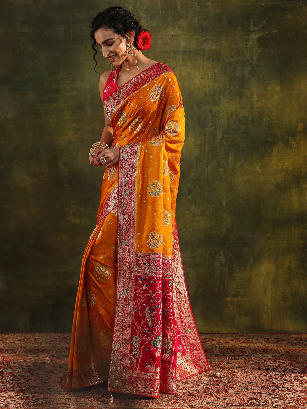 Anouk Art Mustard Ethnic Woven Design Satin Saree With Unstitched Blouse Piece