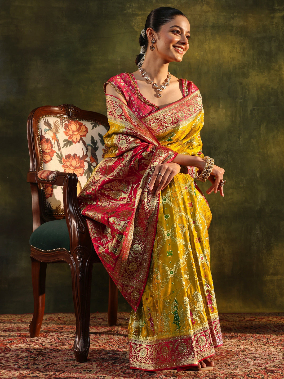 Anouk Art Mustard Gharchola Woven Design Satin Saree With Unstitched Blouse Piece