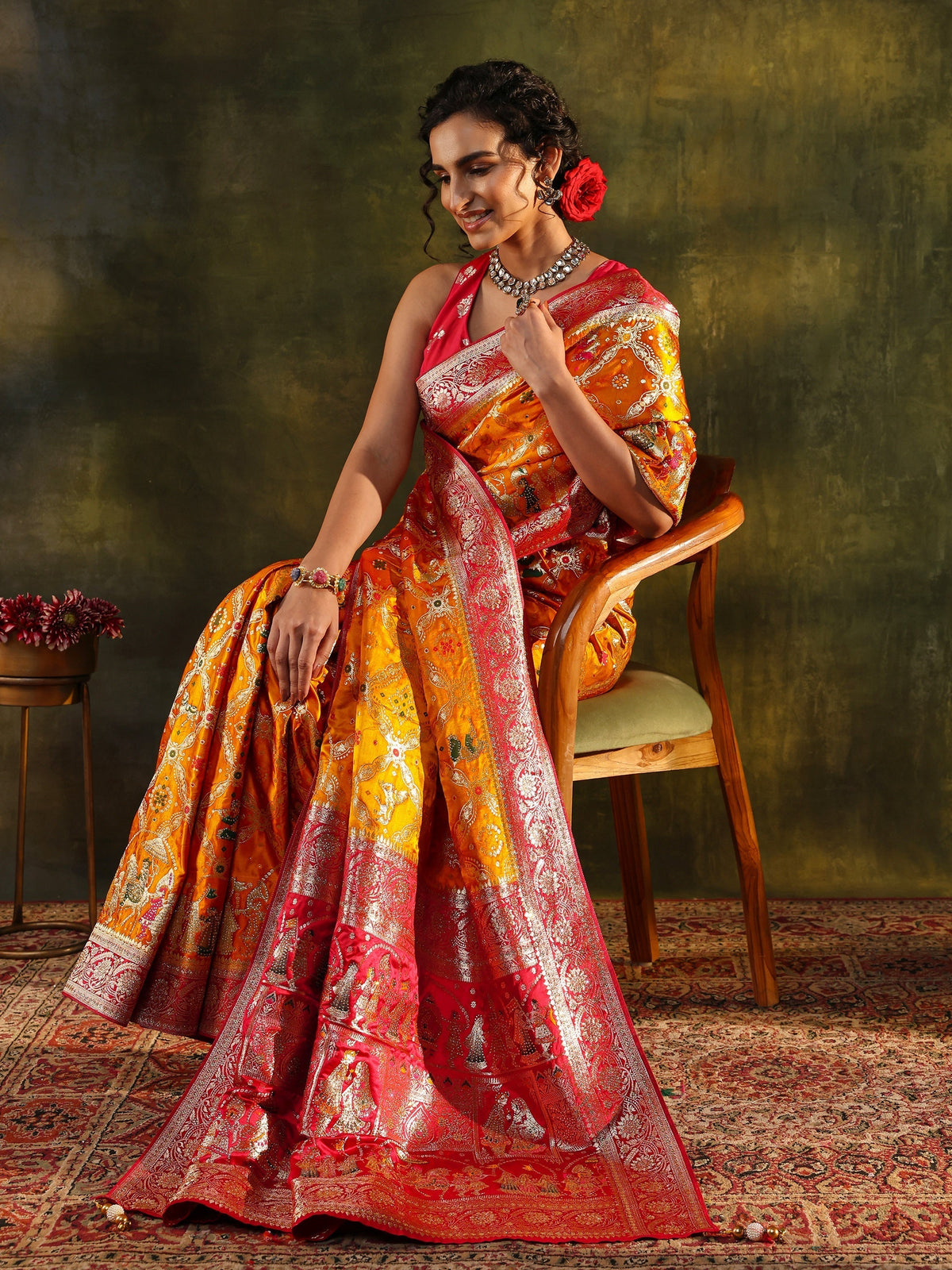 Anouk Art Mustard Gharchola Woven Design Satin Saree With Unstitched Blouse Piece