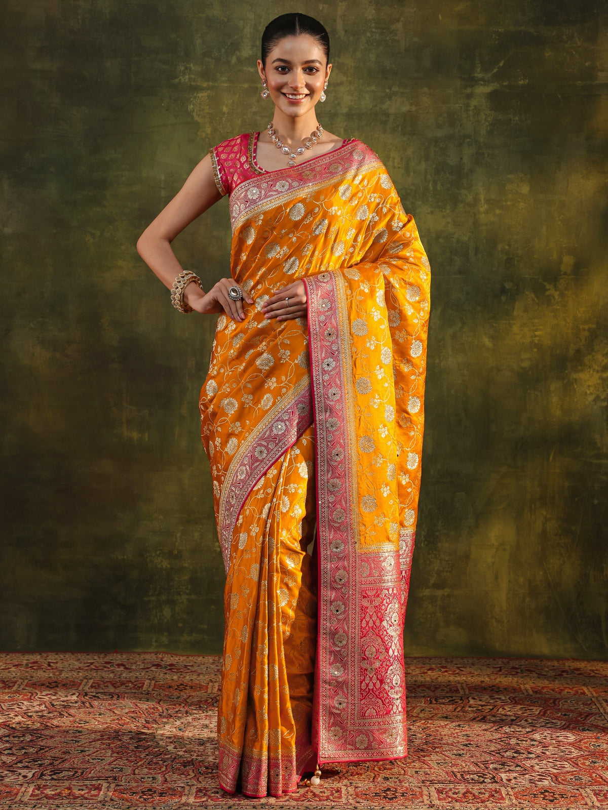 Anouk Art Mustard Woven Design Silk Blend Banarasi Saree With Unstitched Blouse Piece