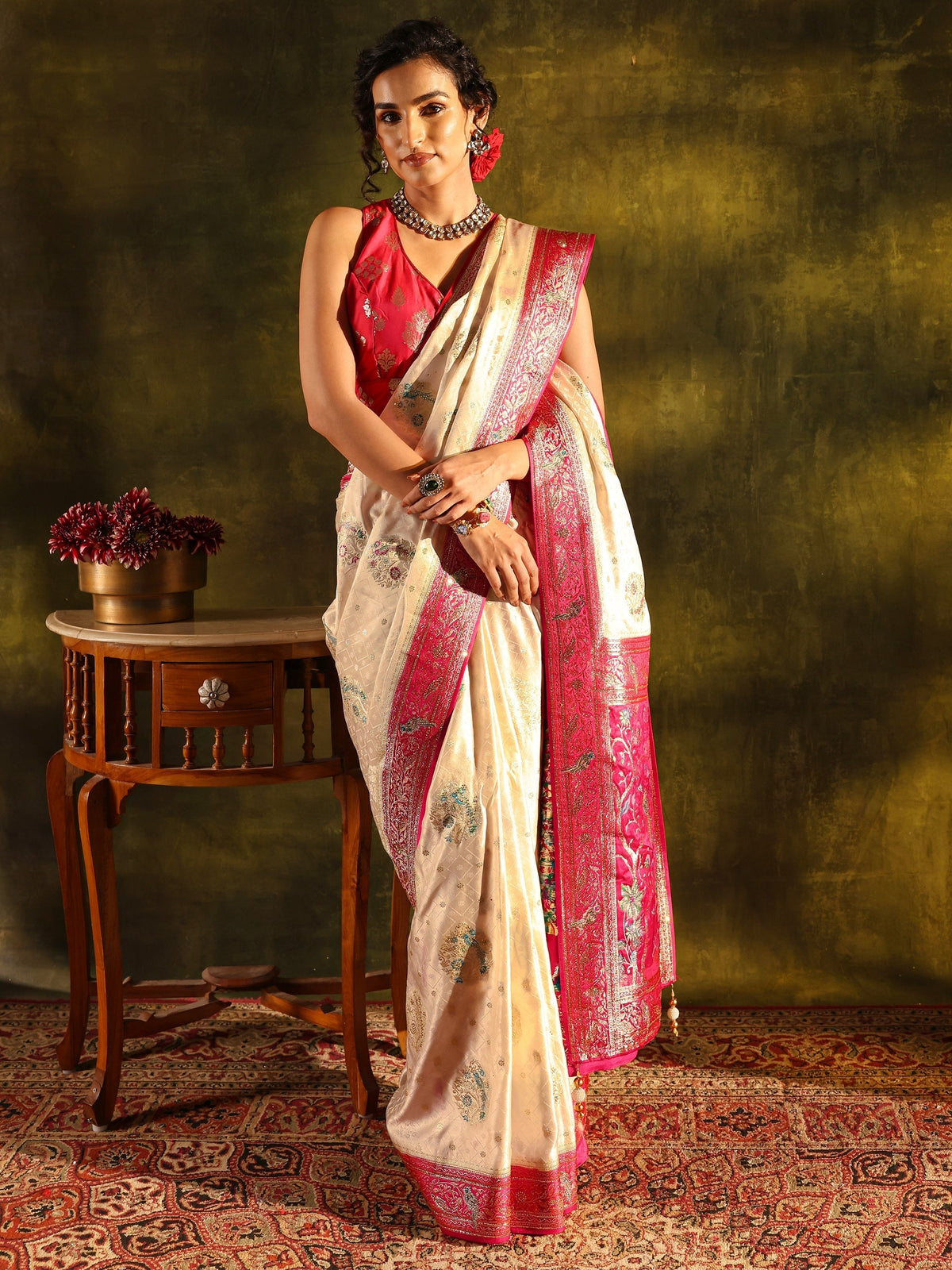 Anouk Art Off White Ethnic Woven Design Satin Saree With Unstitched Blouse Piece