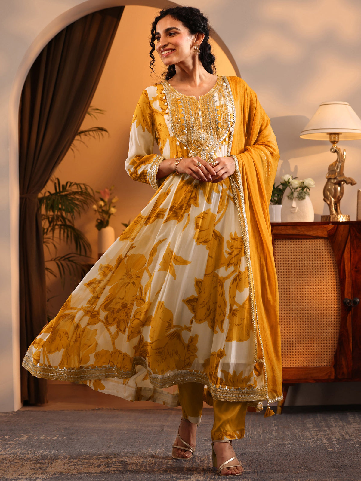 Anouk Off White Printed Georgette Anarkali Suit Set With Dupatta