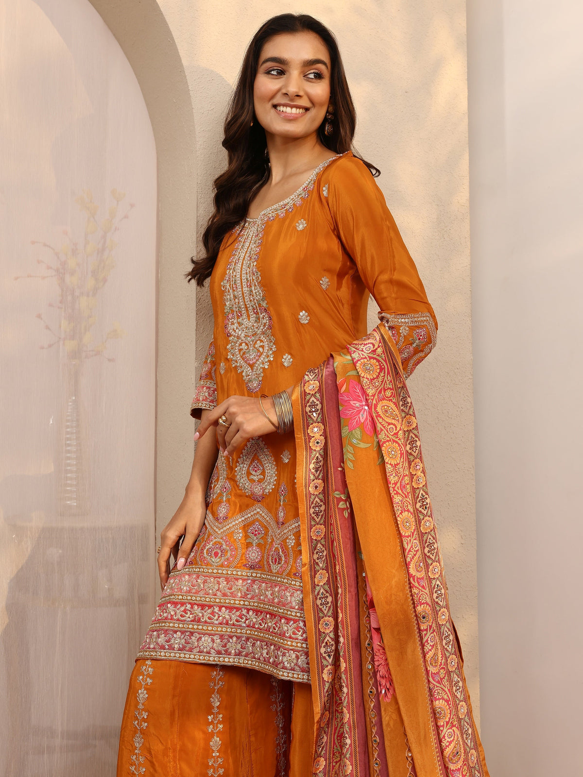 Anouk Art Orange Embroidered Crepe Straight Suit Set With Dupatta