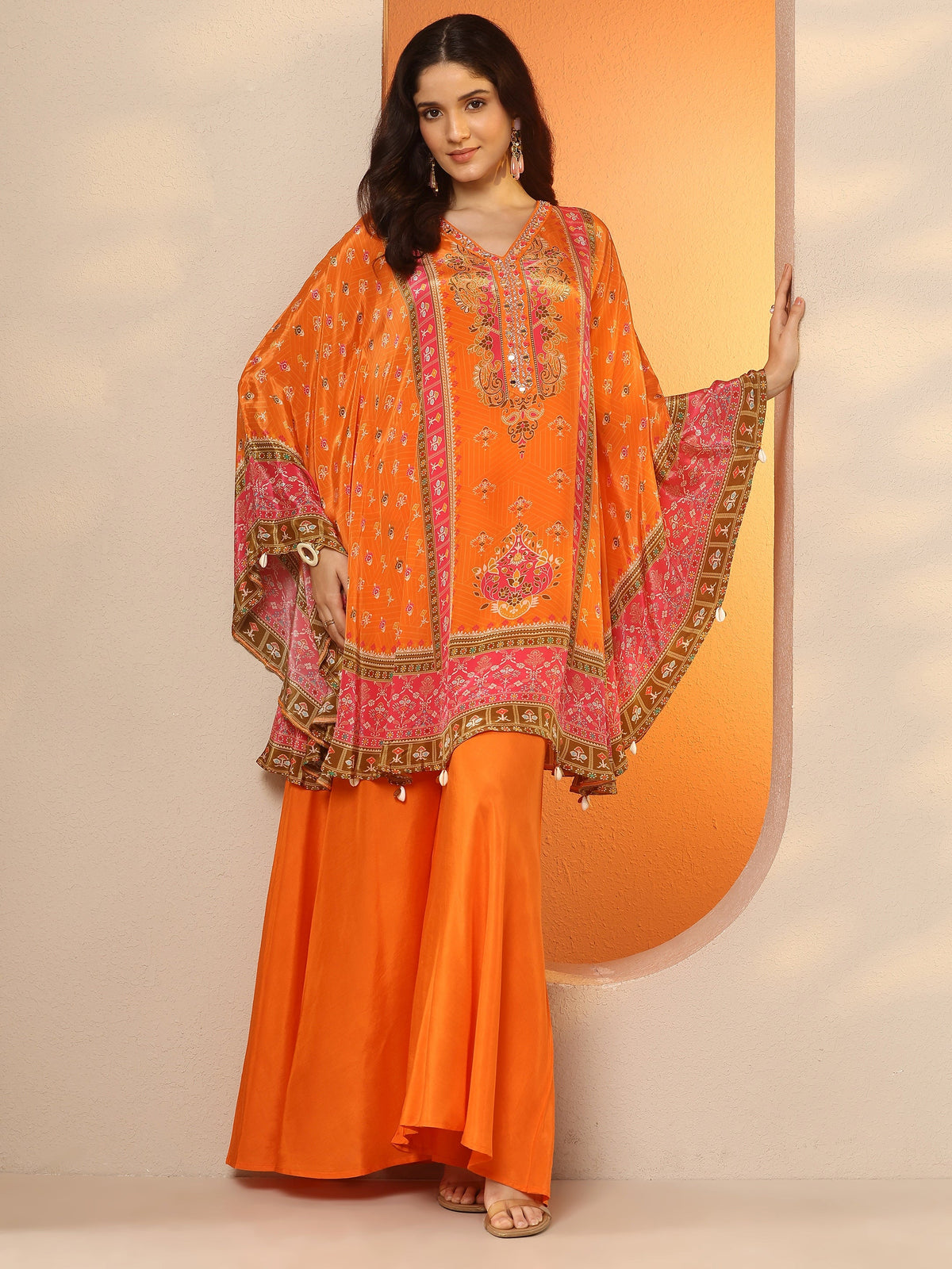 Anouk Orange Printed Crepe A-Line Kurta Set