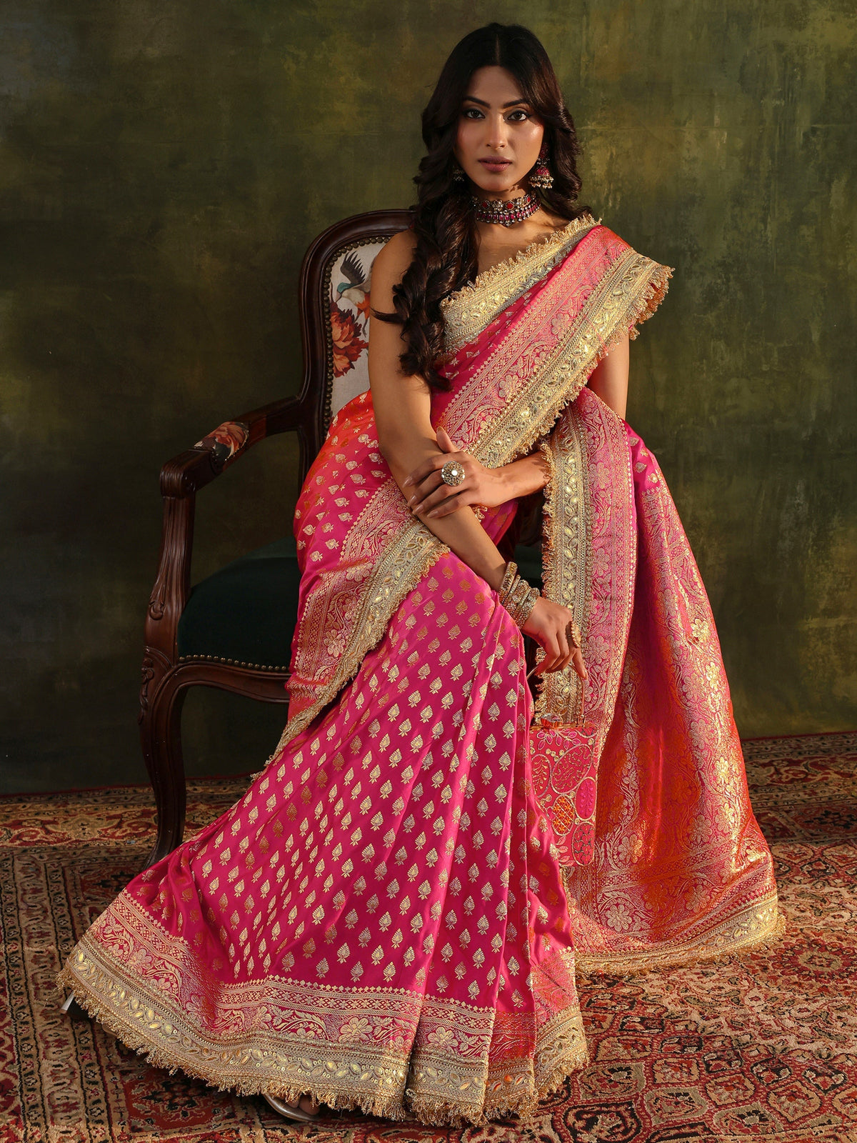 Anouk Art Pink Banarasi Silk Blend Saree With Unstitched Blouse Piece