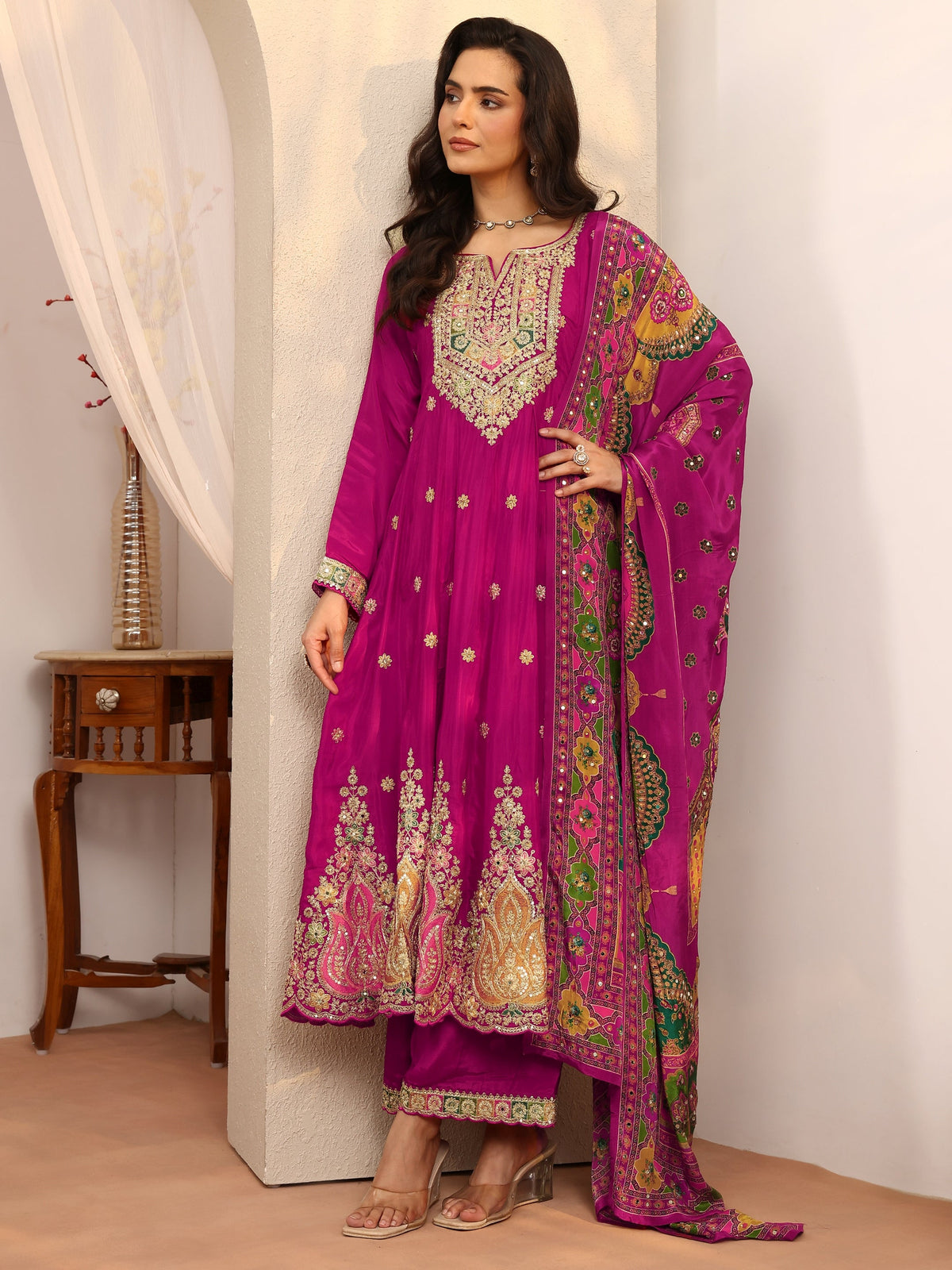 Anouk Art Pink Embroidered Crepe Anarkali Suit Set With Dupatta