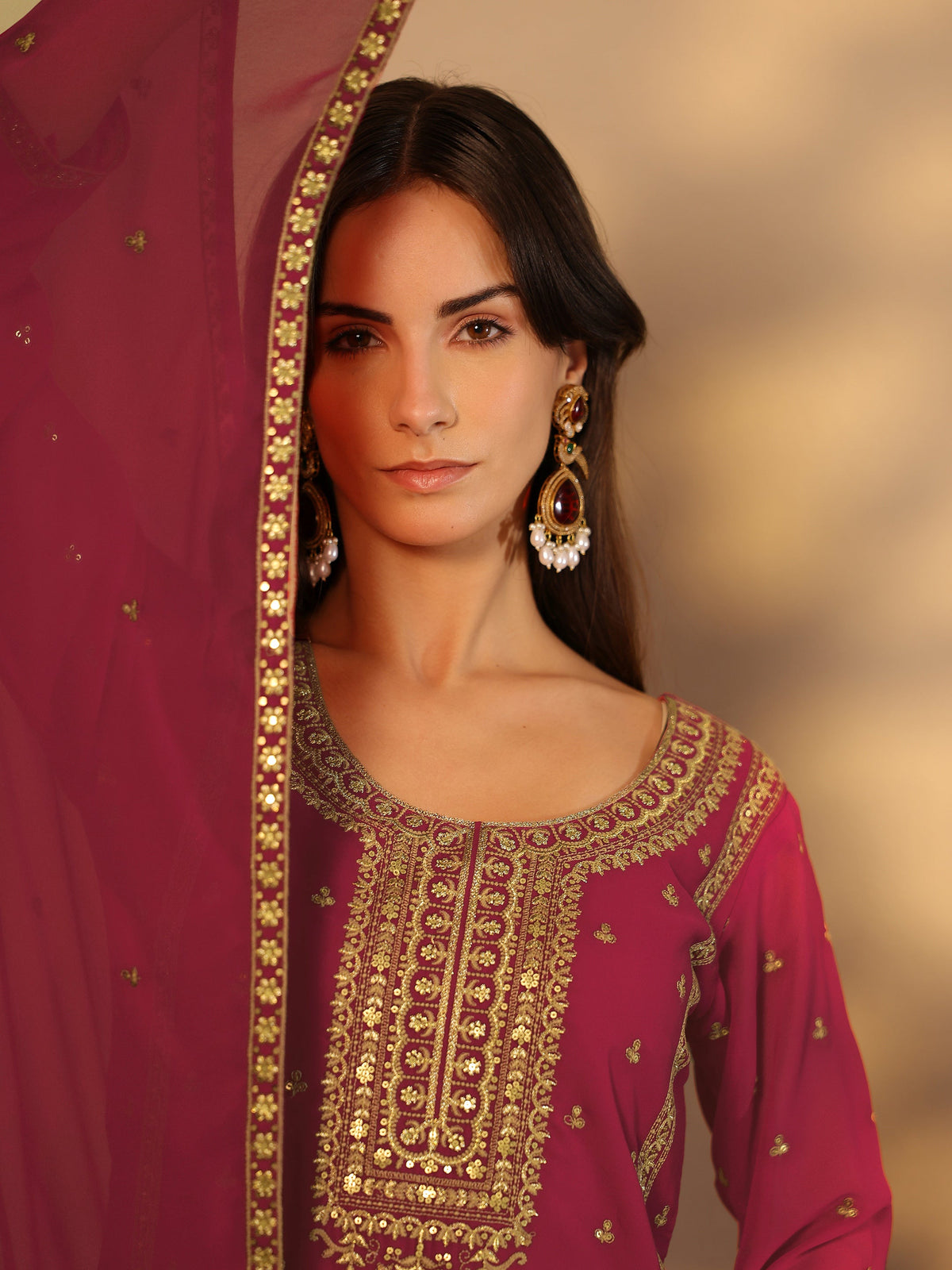 Anouk Pink Embroidered Georgette Suit Set With Dupatta