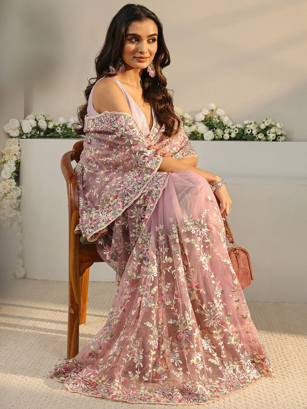 Anouk Art Pink Floral Embroidered Net Saree With Unstitched Blouse Piece