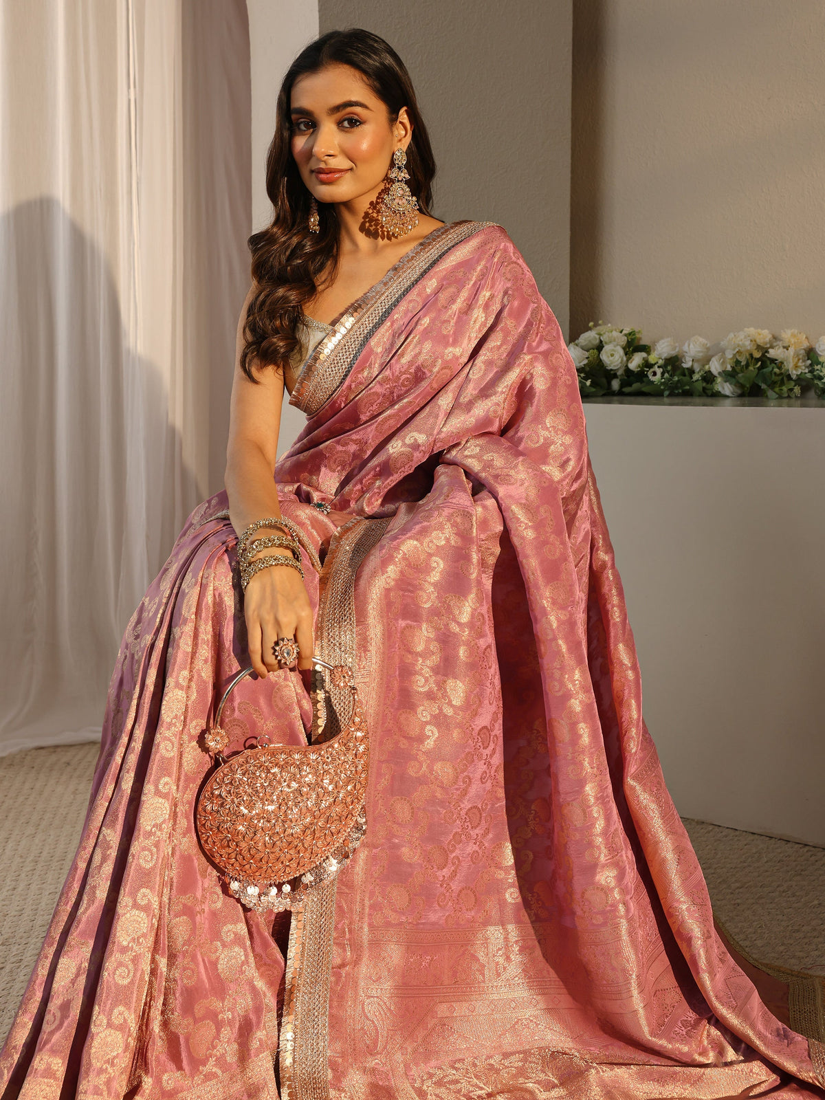 Anouk Art Pink Floral Woven Design Silk Blend Saree With Unstitched Blouse Piece