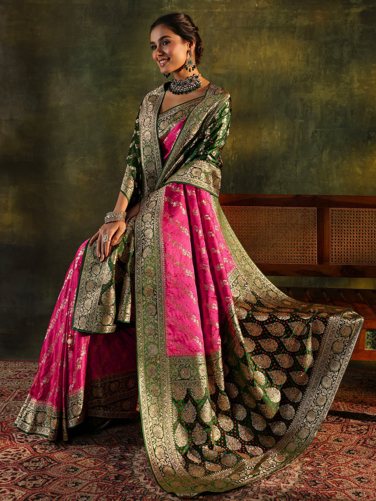 Anouk Art Pink Gharchola Satin Saree With Unstitched Blouse Piece
