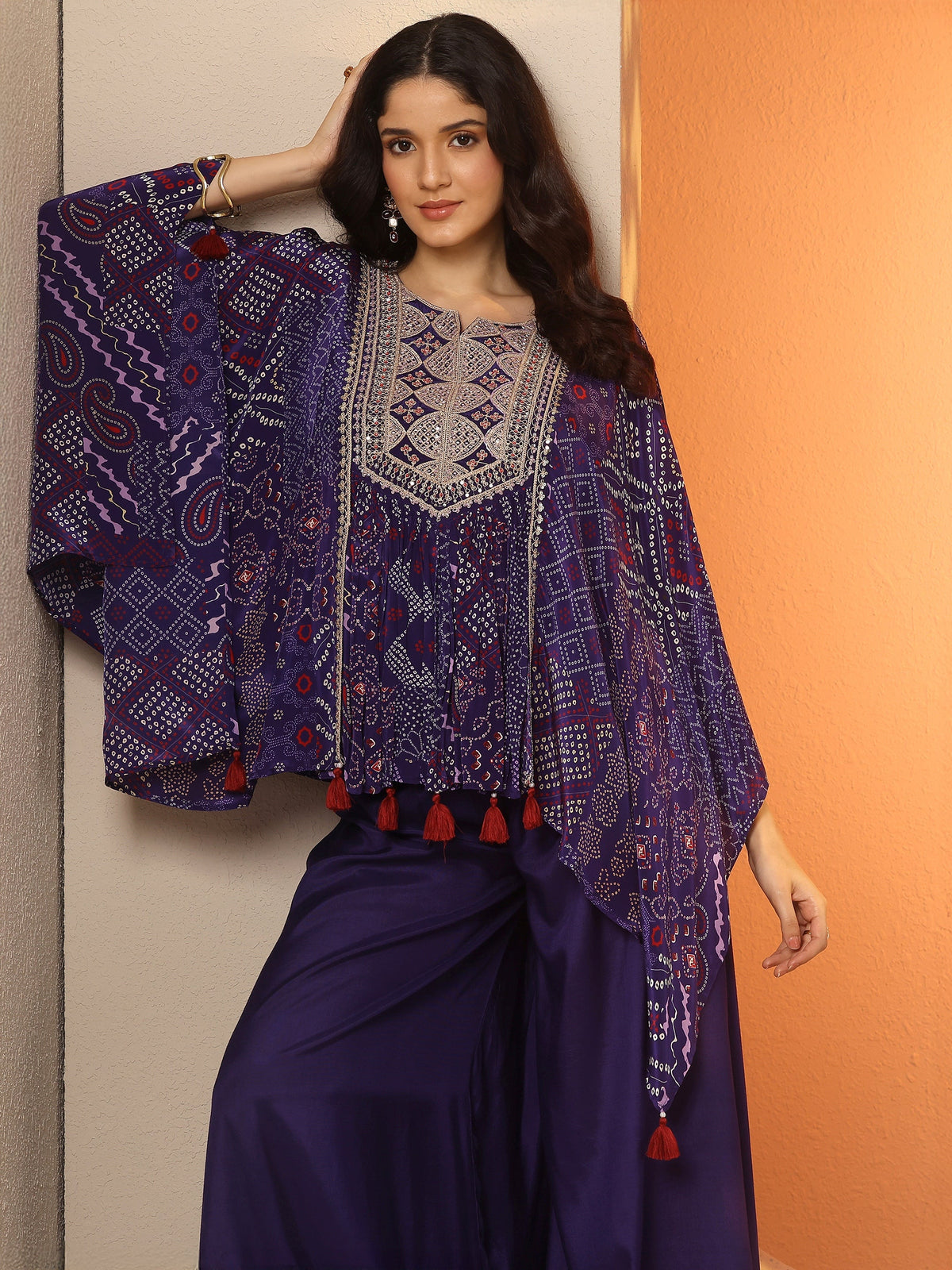 Anouk Purple Bandhani Printed A-Line Kurta Set
