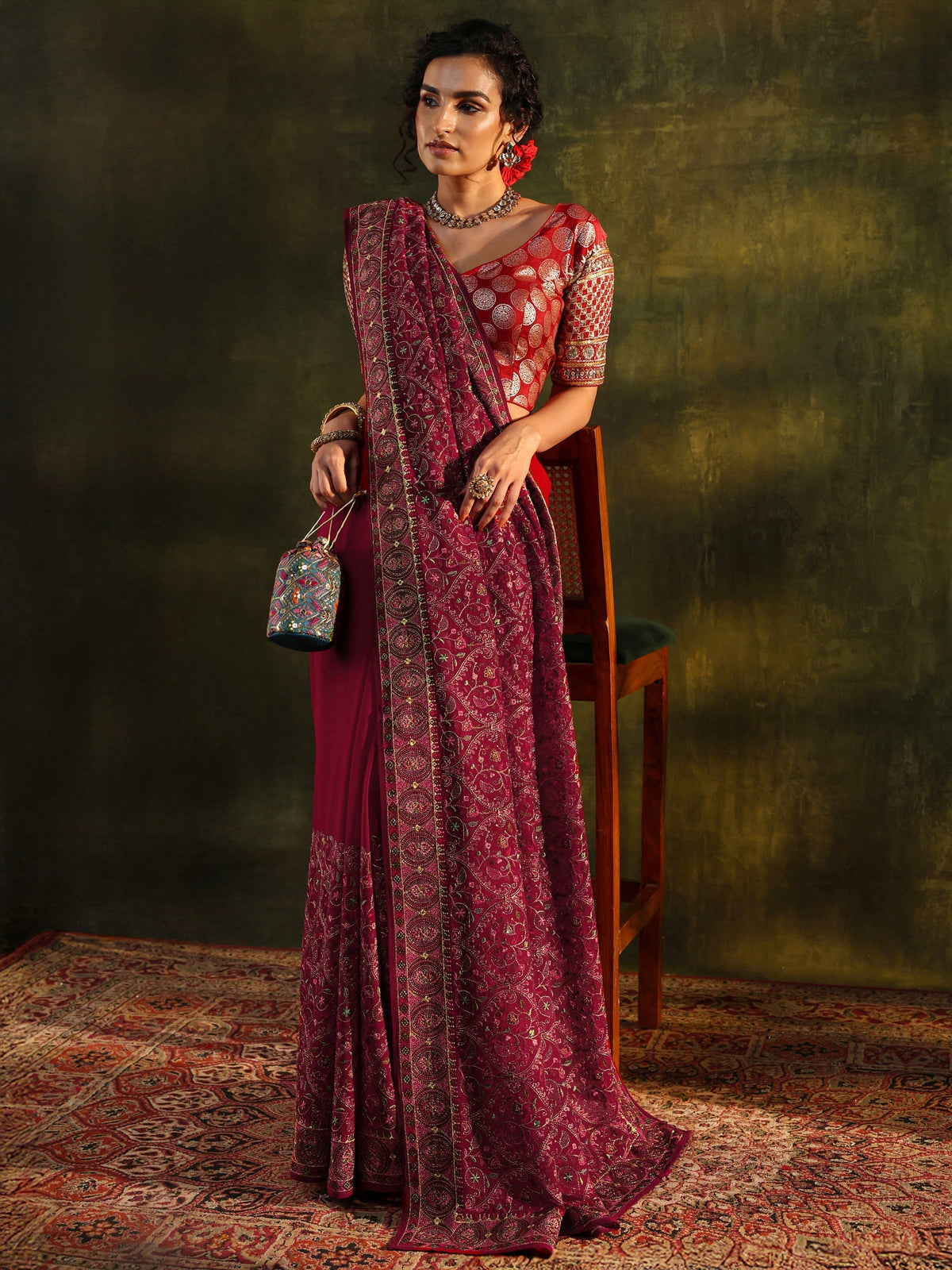 Anouk Art Red Jamawar Embroidered Georgette Saree With Unstitched Blouse Piece