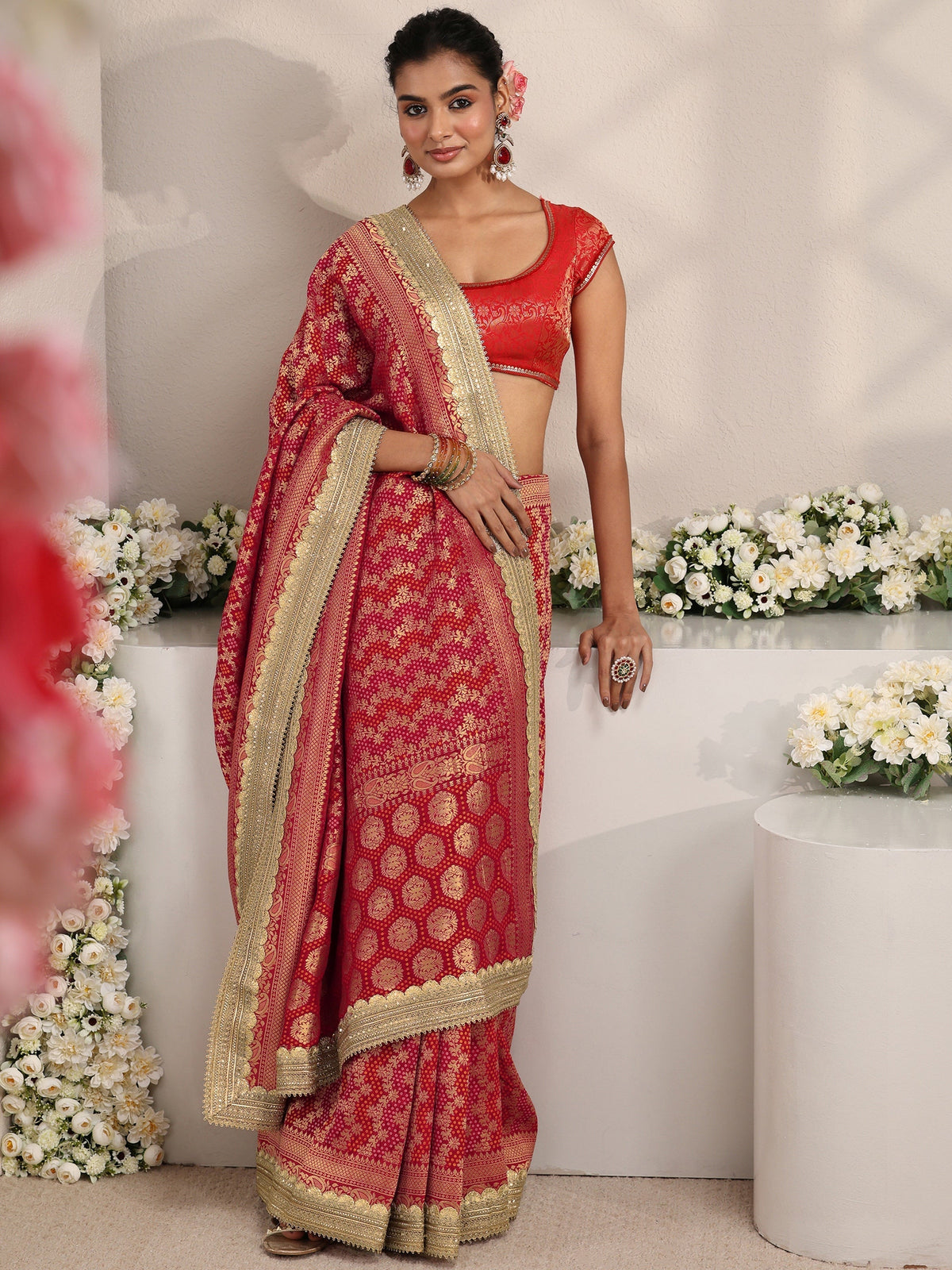 Anouk Art Red Woven Design Satin Saree With Unstitched Blouse Piece