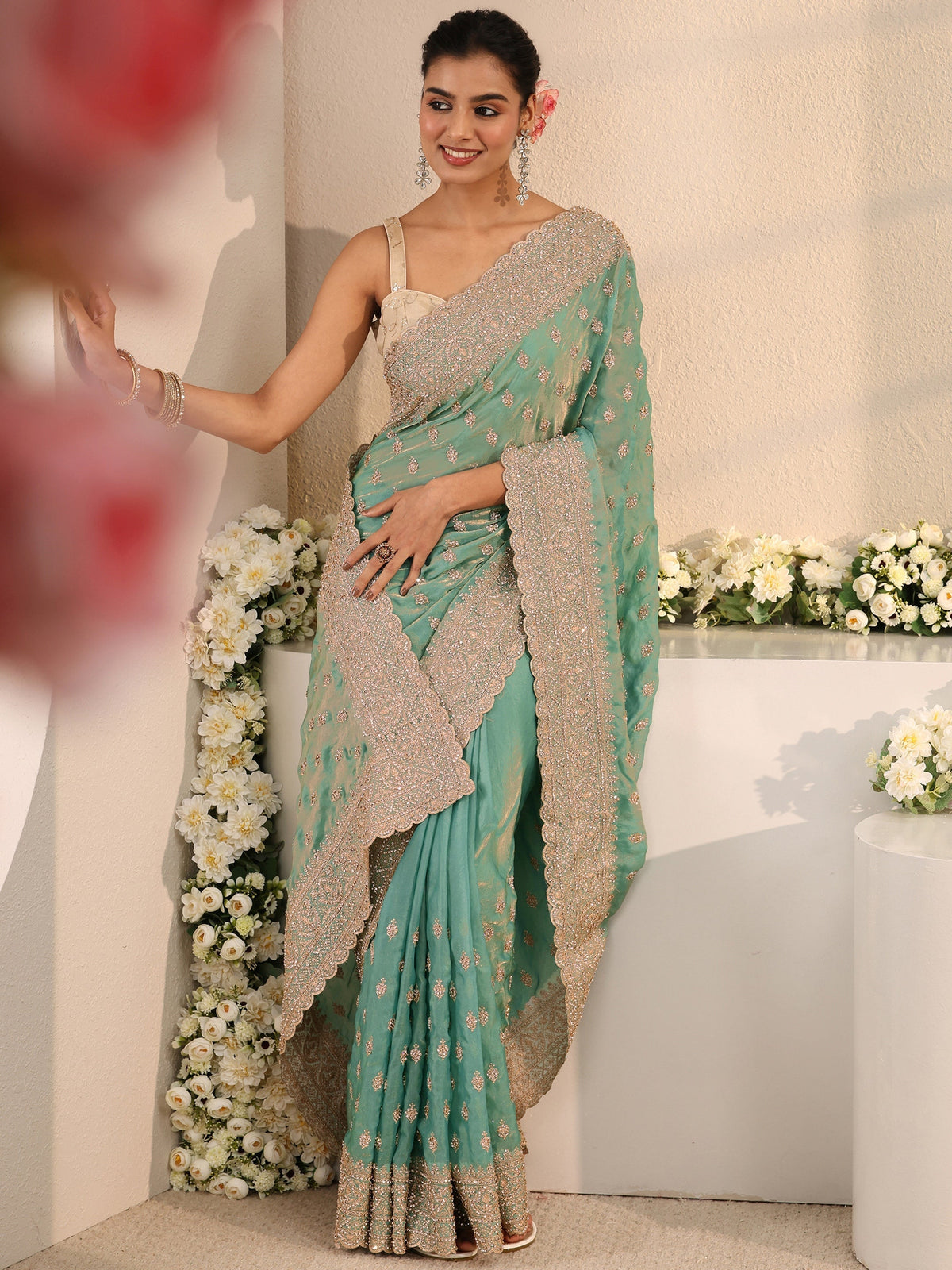 Anouk Art Sea Green Embellished Tissue Saree With Unstitched Blouse Piece