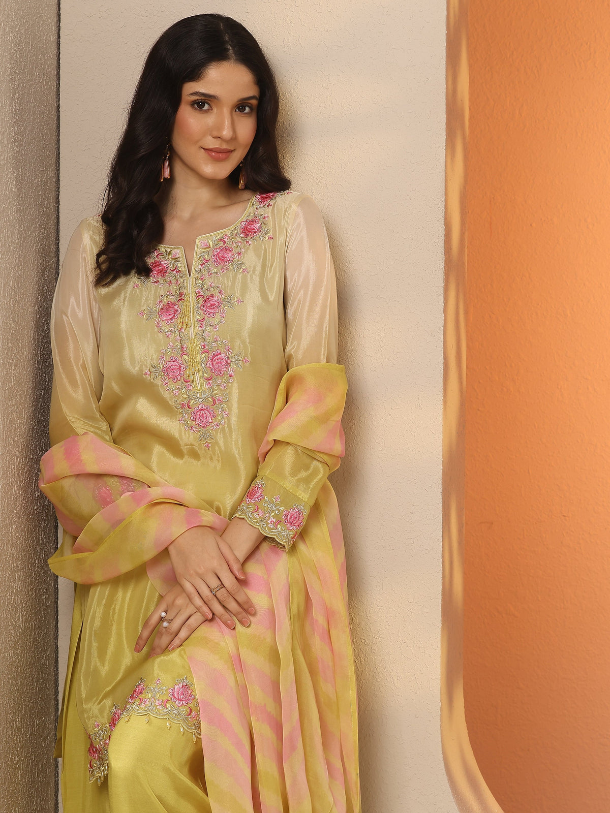 Anouk Yellow Embroidered Crepe Straight Suit Set With Dupatta