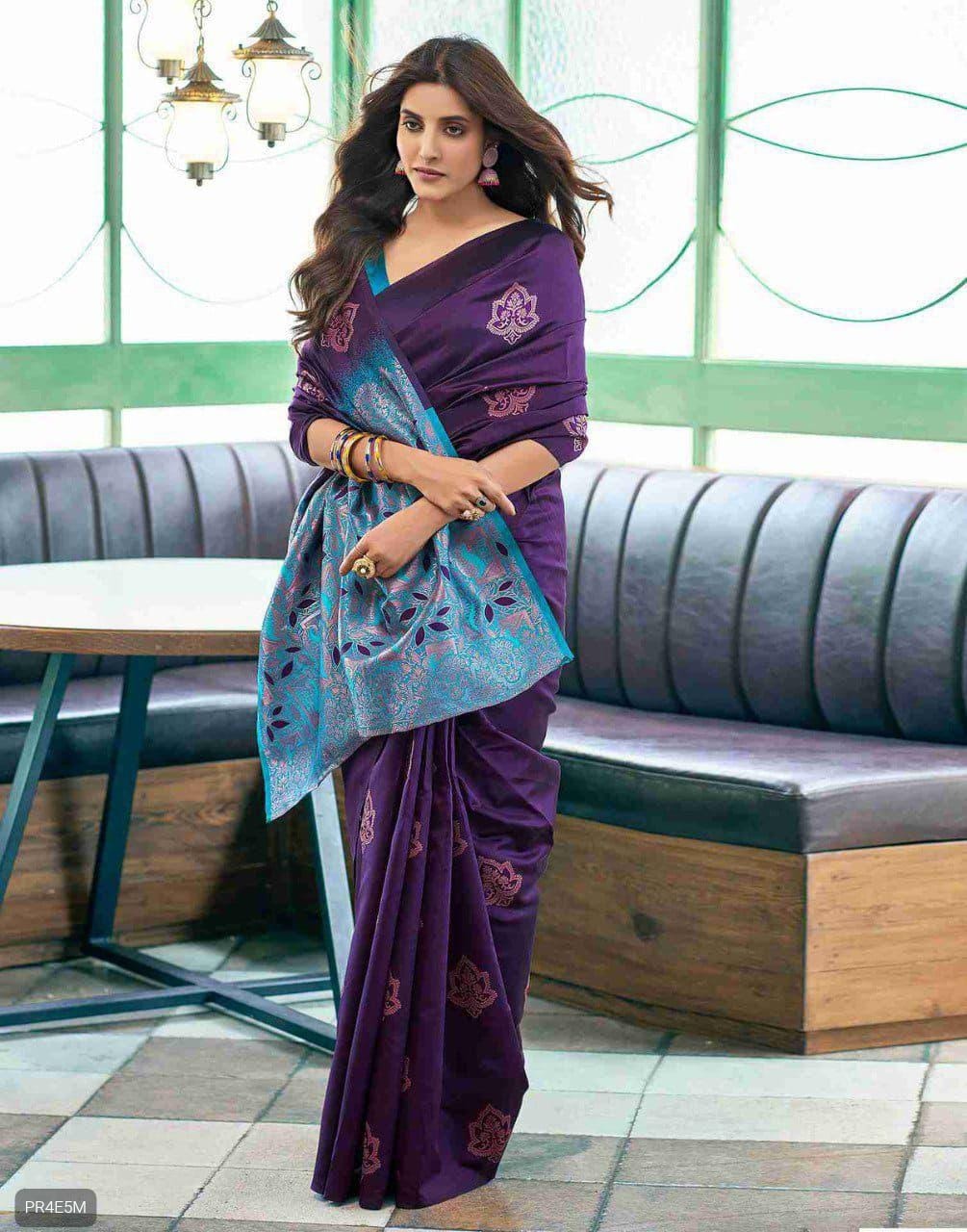 Lichi Silk Saree with Jacquard Work & Contrast Blouse