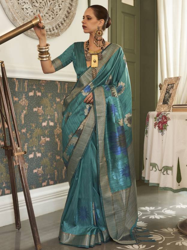 Light Blue Banarasi Silk Blend Saree with Unstitched Blouse Piece
