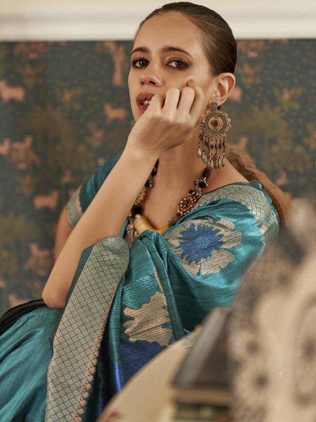 Light Blue Banarasi Silk Blend Saree with Unstitched Blouse Piece