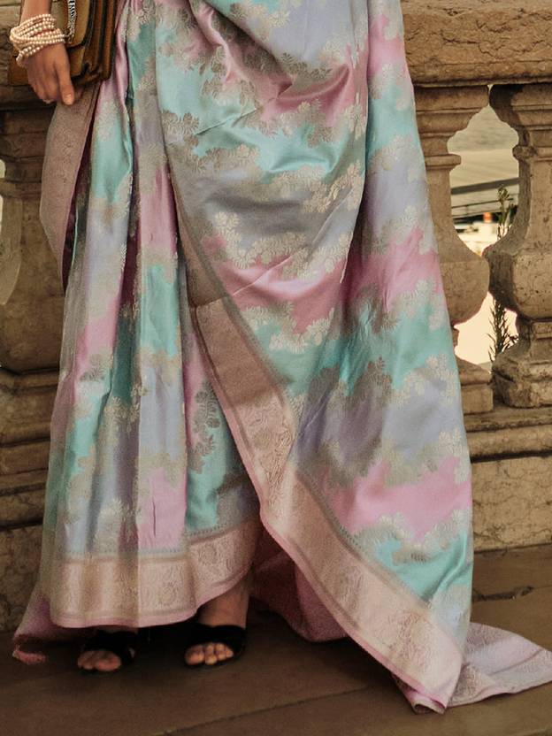 Light Blue Banarasi Woven Satin Silk Blend Saree with Tassels – Unstitched Blouse Piece