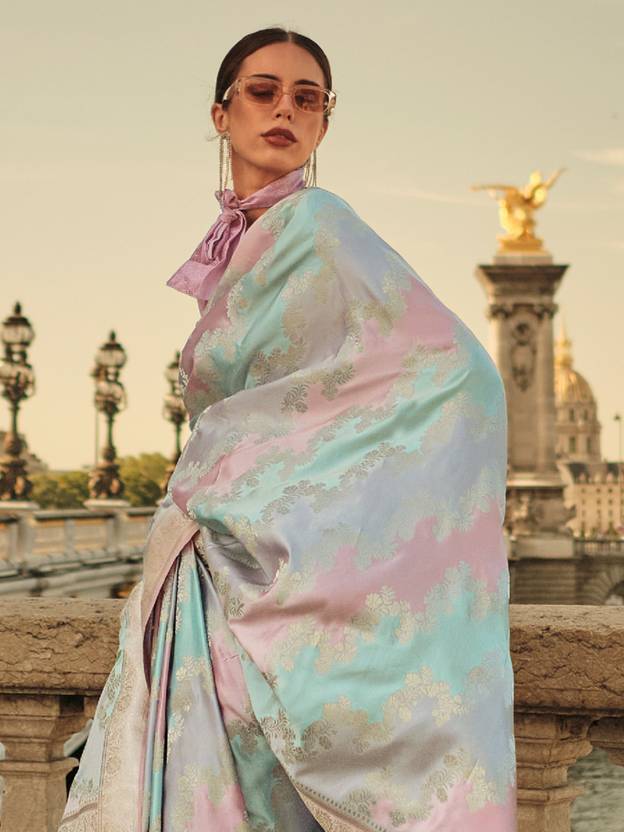 Light Blue Banarasi Woven Satin Silk Blend Saree with Tassels – Unstitched Blouse Piece