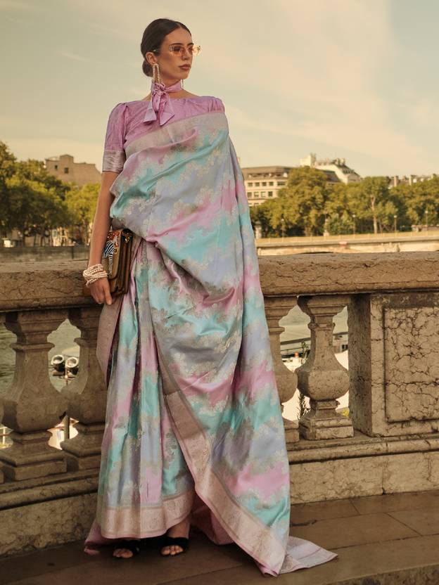 Light Blue Banarasi Woven Satin Silk Blend Saree with Tassels – Unstitched Blouse Piece