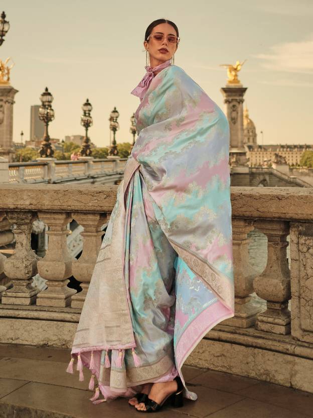 Light Blue Banarasi Woven Satin Silk Blend Saree with Tassels – Unstitched Blouse Piece